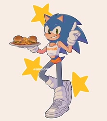 Size: 1822x2048 | Tagged: safe, artist:unmonn, sonic the hedgehog, hedgehog, 2023, alternate outfit, blushing, burger, clothes, crop top, food, freckles, grey background, hooters, hooters outfit, leg warmers, looking at viewer, male, midriff, name tag, onion ring, plate, shoelaces, short shorts, shorts, simple background, smile, sneakers, solo, standing, standing on one leg, star (symbol)