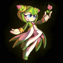 Size: 1575x1575 | Tagged: safe, artist:lebluenooki, cosmo the seedrian, seedrian, 2026, eyelashes, female, flower, gradient background, looking at something, mouth open, signature, smile, solo, sparkles, tulip
