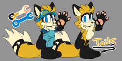 Size: 1677x847 | Tagged: safe, artist:sorachi-sora, miles "tails" prower, 2026, alternate universe, au:sugarhog, barefoot, character name, clothes, duality, eyewear on head, flat colors, frown, fur markings, gloves off, goggles, goggles on head, grey background, looking at viewer, male, overalls, pawpads, paws, redesign, simple background, solo, text, wrench