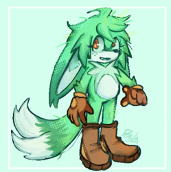 Size: 958x962 | Tagged: safe, artist:peskypixel, oc, oc:mint prower, fox, hybrid, 2025, arm fluff, boots, brown gloves, brown shoes, cute, fankid, fennec, freckles, gloves, looking at viewer, magical gay spawn, nonbinary, oc only, ocbetes, one fang, parent:kit, parent:tails, parents:kittails, smile, solo, solo nonbinary, standing
