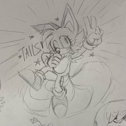 Size: 2046x2048 | Tagged: safe, artist:son1c, kit the fennec, miles "tails" prower, fox, 2025, arm fluff, character name, duo, english text, eyelashes, fennec, flying, freckles, looking at viewer, male, mid-air, monochrome, one fang, open smile, simple background, sketch, smile, solo focus, spinning tails, star (symbol), text, traditional media, v sign, wink
