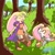 Size: 1280x1280 | Tagged: safe, artist:splashydie, cream the rabbit, rabbit, bianca (spyro), butterfly, crossover, daytime, duo, eyebrow clipping through hair, eyes closed, female, flower, grass, holding something, looking at them, looking back, looking back at them, looking up, looking up at them, mouth open, open smile, outdoors, smile, smiling at them, spyro (series), tree