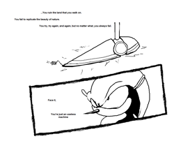 Size: 1169x989 | Tagged: safe, artist:ashyaoirulez124, metal sonic, mighty the armadillo, 2026, classic sonic (universe), comic, duo, english text, flower, greyscale, monochrome, robot, simple background, white background