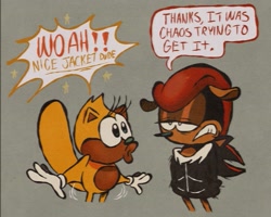 Size: 1024x819 | Tagged: safe, artist:essnstuffs, mighty the armadillo, ray the flying squirrel, shadow the hedgehog, classic sonic (universe), clenched teeth, cosplay, duo, english text, grey background, hands in pocket, hoodie, lidded eyes, looking at them, simple background, speech bubble, standing, star (symbol)