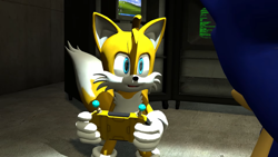 Size: 1920x1080 | Tagged: safe, artist:greatwhite studios, miles "tails" prower, sonic the hedgehog, 3d, computer, duo, holding something, indoors, looking at each other, screencap