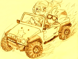 Size: 1016x771 | Tagged: safe, sally acorn, sonic the hedgehog, chipmunk, hedgehog, 2015, black and white, car, clothes, driving, duo, female, glasses, jeep, jeep wrangler, looking at viewer, male, sally x sonic, sally's vest and boots, shipping, shirt, star (symbol), straight, suv, traditional media, vehicle, vest, wind