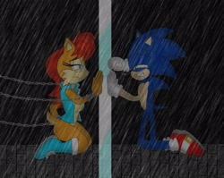 Size: 1955x1559 | Tagged: safe, artist:nerdy-boi-mochi-1998, sally acorn, sonic the hedgehog, chipmunk, hedgehog, 2024, chain, crying, dark, duo, female, looking at each other, male, rain, sally x sonic, sally's vest and boots, shipping, straight, tears