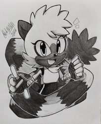 Size: 1670x2048 | Tagged: safe, artist:ch1b1k0, tangle the lemur, 2026, female, greyscale, looking at viewer, monochrome, pointing, signature, smile, solo, traditional media, wrapped in tail