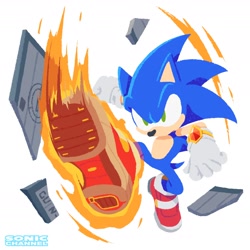 Size: 1958x1958 | Tagged: safe, artist:yui karasuno, sonic twitter, sonic the hedgehog, sonic adventure 2, 2026, box, debris, flame ring, frown, kicking, no outlines, official artwork, simple background, soap shoes, solo, sonic channel, treads, white background