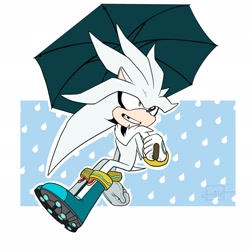 Size: 2048x2048 | Tagged: safe, artist:butterrrmoth, silver the hedgehog, 2026, flat colors, holding something, looking offscreen, missing tooth, outline, rain, signature, sitting, smile, solo, treads, umbrella