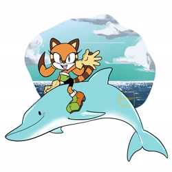 Size: 2048x2048 | Tagged: safe, artist:butterrrmoth, marine the raccoon, dolphin, 2026, ambiguous gender, blushing, clouds, duo, female, literal animal, looking at viewer, mouth open, ocean, open smile, riding, riding on back, signature, smile, water, waving
