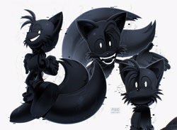Size: 2048x1501 | Tagged: safe, artist:thatbirdguy_, miles "tails" prower, sonic frontiers, 2026, alternate universe, au:tails frontiers, creepy, cyber form, cyber tails, digital static, frown, glitch, simple background, smile, solo, white background