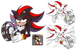 Size: 1688x1080 | Tagged: safe, artist:_gott0008, shadow the hedgehog, hedgehog, 2026, frown, holding something, male, musical instrument, reference inset, simple background, solo, tambourine, white background