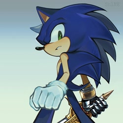 Size: 2048x2048 | Tagged: safe, artist:sh1ne023, sonic the hedgehog, sonic and the black knight, 2026, clenched fist, excalibur, gradient background, looking at viewer, solo, standing, sword, weapon