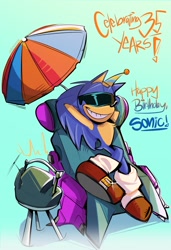 Size: 1401x2048 | Tagged: safe, artist:macmonsterart, sonic the hedgehog, 2026, arms behind head, birthday, english text, gradient background, hat, lying down, party hat, radio, shine, smile, solo, stool, sunglasses, text, umbrella