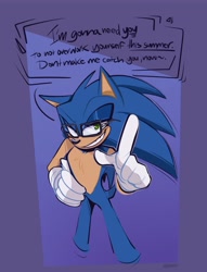Size: 1564x2048 | Tagged: safe, artist:macmonsterart, sonic the hedgehog, 2026, dialogue, english text, hand on hip, lidded eyes, pointing, pointing at viewer, positivity, smile, smirk, solo, standing, summer, sunglasses, talking, talking to viewer, text