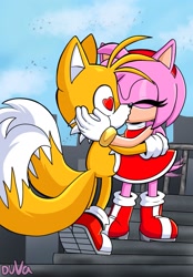 Size: 1423x2048 | Tagged: safe, artist:duvalin009, amy rose, miles "tails" prower, bird, 2025, amy x tails, daytime, duo, eyes closed, heart, heart eyes, hugging, kiss, literal animal, outdoors, shipping, signature, standing, straight, treads, wagging tail