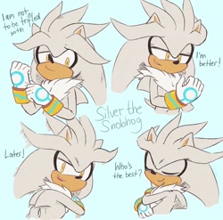 Size: 600x593 | Tagged: safe, artist:freedomfightersonic, silver the hedgehog, arms folded, blue background, character name, dialogue, english text, flat colors, lidded eyes, simple background, smile, smug, solo, text