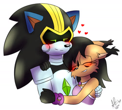 Size: 1521x1377 | Tagged: safe, artist:sirinadream, nicole the hololynx, sonic the hedgehog, lynx, 2021, blushing, cute, duo, female, hand on another's back, happy, heart, hugging, male, nicole x shard, robot, shipping, simple background, smile, straight, white background