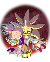 Size: 3507x4354 | Tagged: safe, artist:ht-doodles, blaze the cat, silver the hedgehog, cat, hedgehog, sonic the hedgehog (2006), 2022, blaze x silver, building, clouds, duo, female, looking at them, male, ruins, shipping, smile, smiling at them, straight, telekinesis
