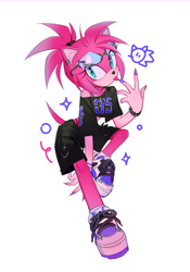 Size: 2048x2930 | Tagged: safe, artist:iku-t0, amy rose, hedgehog, clothes, female, fully clothed, looking offscreen, necklace, panties, shirt, shorts, simple background, solo, tongue out, white background