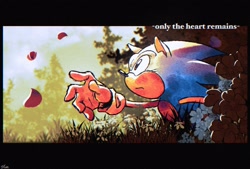 Size: 2039x1378 | Tagged: safe, artist:blingusdlingus, sonic the hedgehog, border, daytime, english text, frown, outdoors, petal, petals, reaching out, side view, solo, text