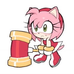 Size: 1307x1301 | Tagged: safe, artist:fucxlol, amy rose, 2026, :<, amybetes, blushing, chibi, cute, frown, holding something, looking offscreen, piko piko hammer, simple background, solo, sweatdrop, white background