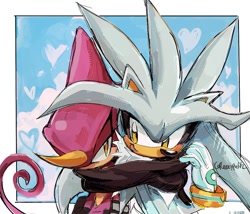 Size: 1264x1080 | Tagged: safe, artist:reezypuffz, espio the chameleon, silver the hedgehog, 2026, cute, duo, espibetes, gay, heart, lidded eyes, scarf, sharing a scarf, sharing clothing, shipping, signature, silvabetes, silvio, smile