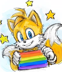 Size: 1491x1740 | Tagged: safe, artist:curly_quills, miles "tails" prower, 2026, gay pride, holding something, looking at viewer, movie style, pride, pride flag, pride month, simple background, sketch, smile, solo, star (symbol), style emulation, white background