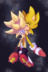 Size: 1384x2048 | Tagged: safe, artist:makochi_n, shadow the hedgehog, sonic the hedgehog, super shadow, super sonic, 2026, crying, duo, eyes closed, flying, galaxy background, gay, happy, hugging, mid-air, mouth open, shadow x sonic, shipping, smile, super form, tears, tears of happiness, treads