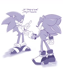 Size: 1080x1289 | Tagged: safe, artist:maira_noe_, shadow the hedgehog, sonic the hedgehog, 2026, 35 days sonic, duo, english text, frown, greyscale, looking at each other, monochrome, mouth open, pointing, simple background, text, white background