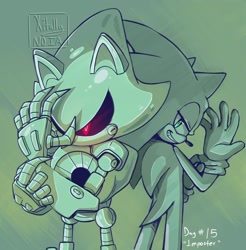 Size: 1440x1463 | Tagged: safe, artist:xitally_99, metal sonic, sonic the hedgehog, 2026, 35 days sonic, back to back, black sclera, duo, english text, fixing glove, glowing eyes, gradient background, looking at viewer, looking offscreen, monochrome, robot, signature, smile, spot color, standing, text