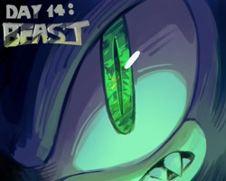 Size: 2048x1647 | Tagged: safe, artist:ifoundyoufaker, sonic the hedgehog, 2026, 35 days sonic, clenched teeth, close-up, fangs, reflection, reflection in eye, solo, sonic the werehog, were form, werehog
