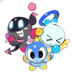 Size: 820x830 | Tagged: safe, artist:_magi_48, chao, 2026, :<, agender, dark chao, eyes closed, frown, hero chao, looking at viewer, neutral chao, sharp teeth, simple background, smile, trio, trio agender, white background