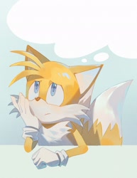 Size: 1579x2048 | Tagged: safe, artist:momocc02982421, miles "tails" prower, 2026, frown, head rest, looking up, sitting, solo, thinking, thought bubble