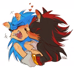 Size: 1813x1694 | Tagged: safe, artist:heisa030, shadow the hedgehog, sonic the hedgehog, 2026, alternate version, blushing, colored version, cute, duo, gay, happy, hugging, kiss, kiss on cheek, mouth open, shadow x sonic, shadowbetes, shipping, signature, simple background, sketch, smile, sonabetes, white background