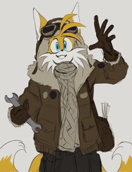 Size: 1574x2048 | Tagged: safe, artist:ageligoldendawn, miles "tails" prower, fox, 2026, alternate outfit, aviator jacket, cargo pants, clothes, flat colors, fully clothed, goggles, grey background, hat, holding something, jacket, looking offscreen, male, pants, pilot hat, shirt, simple background, smile, solo, standing, waving, wrench