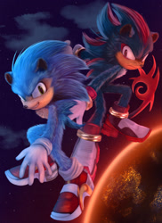 Size: 1467x2015 | Tagged: safe, artist:prxnce07, shadow the hedgehog, sonic the hedgehog, sonic adventure 2, 2024, abstract background, clouds, duo, earth, frown, lineless, looking at viewer, planet, posing, redraw, shadow's logo, smile, soap shoes