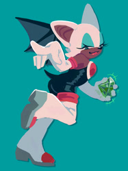 Size: 1530x2047 | Tagged: safe, artist:sonic-adventure-3, rouge the bat, 2026, chaos emerald, dark skin, holding something, lidded eyes, looking at viewer, pointing, simple background, smile, smug, solo, treads, turquoise background