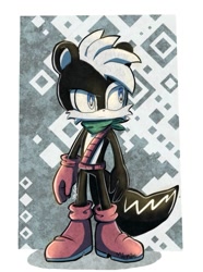 Size: 743x997 | Tagged: safe, artist:uyenmiumilk, geoffrey st. john, skunk, 2017, abstract background, aiming, looking offscreen, low res, male, solo, standing