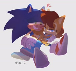 Size: 2688x2504 | Tagged: safe, artist:marychic3908, sally acorn, sonic the hedgehog, chipmunk, hedgehog, 2026, blushing, cute, duo, hand on another's back, hand on another's face, heart, kiss marks, lipstick, looking at viewer, male, sally x sonic, sally's vest and boots, shipping, simple background, smile, straight, white background