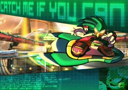 Size: 1200x848 | Tagged: safe, artist:blingusdlingus, jet the hawk, sonic riders: zero gravity, 2026, alternate outfit, border, catch me if you can, english text, extreme gear, goggles, mid-air, solo, text