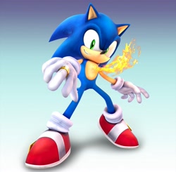Size: 2048x2006 | Tagged: safe, artist:adverse56, sonic the hedgehog, 2026, faux 3d, fire, flame, gradient background, lineless, looking at viewer, redraw, ring (jewelry), smile, solo, sonic and the secret rings, standing