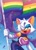 Size: 856x1200 | Tagged: safe, artist:nikkikaji, rouge the bat, bat, 2026, confetti, flag, gay pride, gender swap, gradient background, hair over one eye, holding something, looking at viewer, male, one fang, pride, pride flag, pride month, rainbow flag, signature, smile, solo, standing