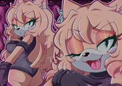 Size: 2048x1448 | Tagged: safe, artist:faburin, oc, oc:faith the wolf, wolf, 2026, abstract background, duality, eye clipping through hair, eyebrow clipping through hair, frown, mouth open, oc only, one fang, outline, smile, solo, standing
