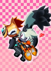 Size: 1473x2023 | Tagged: safe, artist:mrfrappeshitten, tangle the lemur, whisper the wolf, sonic cd, 2026, checkered background, duo, eyes closed, frown, hands together, heart, lesbian, lineless, outline, redraw, shipping, signature, smile, tangle x whisper