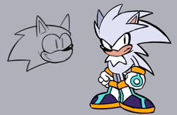 Size: 1193x777 | Tagged: safe, artist:casher716, silver the hedgehog, sonic the hedgehog, 2026, classic silver, classic sonic, clenched fists, duo, flat colors, frown, grey background, simple background, smile