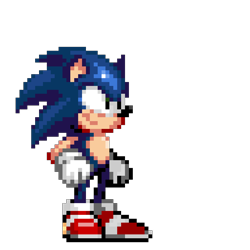 Size: 1024x1024 | Tagged: safe, artist:dinopixel, sonic the hedgehog, looking offscreen, pixel art, redraw, simple background, smile, solo, sprite, standing, transparent background
