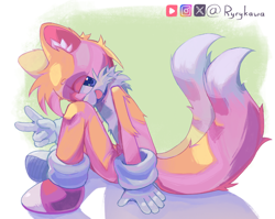 Size: 3614x2875 | Tagged: safe, artist:ryrykawa, miles "tails" prower, 2026, ear fluff, gradient background, lidded eyes, mouth open, open smile, signature, sitting, smile, solo, v sign