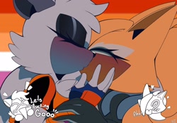 Size: 2048x1434 | Tagged: safe, artist:cheesesfw, tangle the lemur, whisper the wolf, 2026, blushing, duo, eyes closed, heart, kiss, lesbian, lesbian pride, pride, pride flag, pride flag background, pride month, shipping, tangle x whisper, tongue out